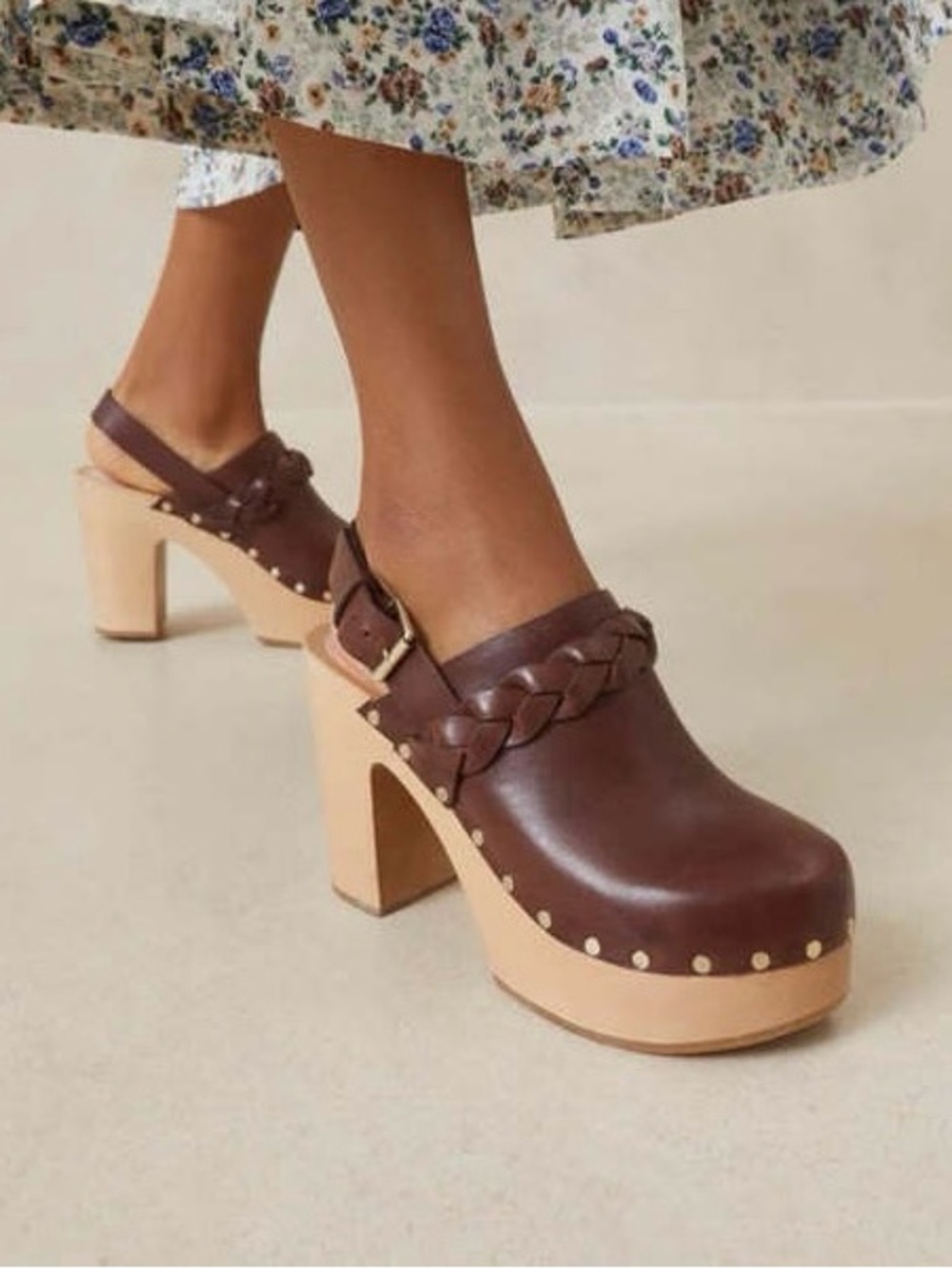 Loeffler randall cognac leather sling back wood clogs size 7